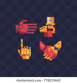Automation. Pixel art android arm icons. 8-bit sprites. Index finger up, handshake, cursor. Game assets. Isolated abstract vector illustration.