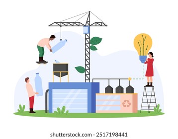 Automatização da reciclagem de garrafas plásticas, ideia criativa para reutilizar material. Pequenas pessoas e guindaste de construção carregam resíduos plásticos em funil com conexão à ilustração de vetor de desenhos animados de lâmpada elétrica