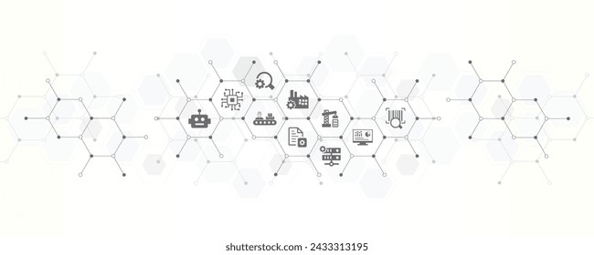 automation process banner with the website icons and symbol of operation management automated industrial machines processing production manufacturing optimization vector illustration