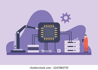 Automation process in creating microchip 2d vector illustration concept for banner, website, illustration, landing page, flyer, etc
