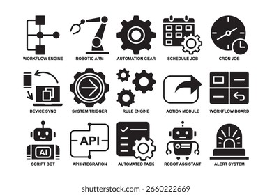 Mit Automatisierungsprozess gefüllter Symbolsatz. Workflow- und Roboterassistent Solid Icons. Moderne KI-Integrationssymbole für Software und Technologie. Vektorgrafik