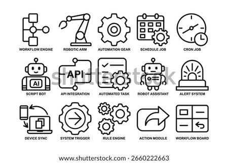 Automation process outline icon set. Workflow and robotic assistant line icons. Modern AI integration symbols for software and technology. Vector illustration