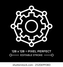 Automation process pixel perfect white linear icon for dark theme. Efficiency management, engineering system. Quality control. Thin line illustration. Isolated symbol for night mode. Editable stroke