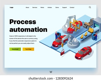 Automation Processes In The Automotive Plant. Concept Of A Landing Page For Process Automation In A Car Factory. Vector Website Template With 3d Isometric Illustration Conveyor For Assembly Of Cars
