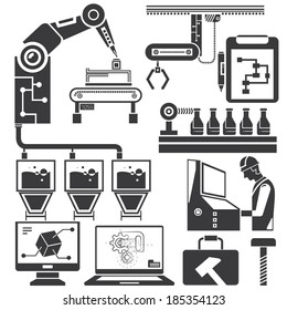 automation in production line and industrial engineering management icons set