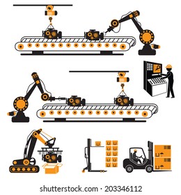 Automation in production line and industrial engineering management icons set, black and yellow  theme