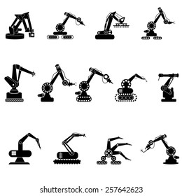 Automation in production line and industrial engineering management icons set.
