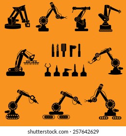 Automation in production line and industrial engineering management icons set, black and yellow theme