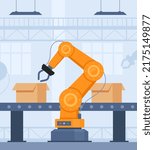 Automation production line with robot technologies. Robotic arms collect goods in boxes. Vector illustration