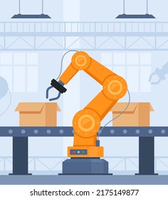 Automation production line with robot technologies. Robotic arms collect goods in boxes. Vector illustration