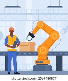 Automation production line with robot technologies. Black man Engineer in orange vest and protective helmet controls the process. Robotic arms collect goods in boxes. Vector illustration