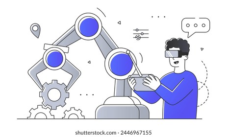 Automation of production linear. Man in virtual reality glasses near robotic hand with coghweels and gears. Modern technologies. Simple flat vector illustration isolated on white background