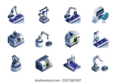 Automatización del concepto de Web de producción de íconos isométricos 3D establecidos en diseño de isometría. Brazos robóticos para transportador, línea de fabricación automática, procesamiento de microchips, impresión, otros. Ilustración vectorial.