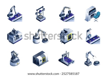 Automation of production web concept of 3d isometric icons set in isometry design. Robotic arms for conveyor, automatic manufacturing line, microchip processing, printing, other. Vector illustration.