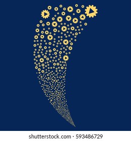 Automation random fireworks stream. Vector illustration style is flat yellow iconic symbols on a blue background. Object fountain combined from scattered symbols.