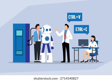Automation and Robot Integration: Digital Copy Paste Operations and Workflow Efficiency 2d flat vector illustration