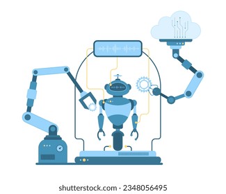 Automation of robot production vector illustration. Cartoon futuristic automated arms build model of robot in virtual factory, assembly of electronic equipment with smart modern service and machinery