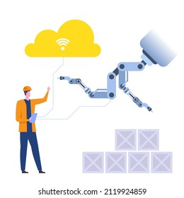 Automatización y tecnología robot en concepto de almacén. El operador de control manual que utiliza tableta controla los manipuladores y las cajas de carga. Armas robóticas en la industria. Ilustración de carácter de vector aislada en el fondo