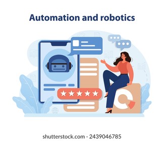 Automation and Robotics. A modern retail landscape with robotics for efficient customer service. Flat vector illustration.