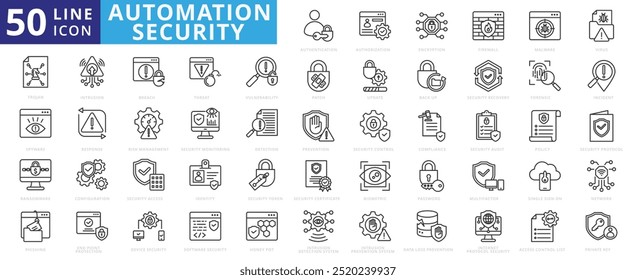 Ícone de segurança de automação definido com autorização, criptografia, firewall, malware, vírus, cavalo de Troia, spyware, phishing e ransomware.
