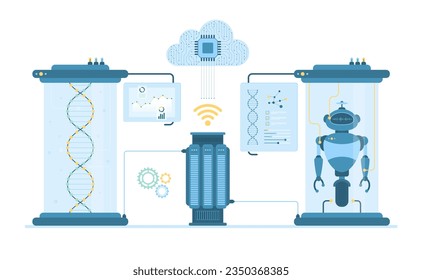 Automation services, technology of robot production vector illustration. Cartoon isolated abstract futuristic automated laboratory equipment and machines, structure with AI for high tech industry