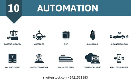 Automation set. Creative icons: robotic surgery, autopilot, chip, bionic hand, autonomous car, folding phone, face recognition, high speed train, cloud computing, wireless charger.