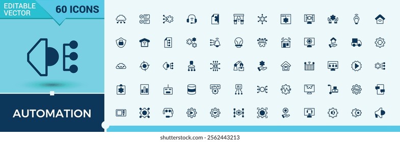 Automation Set of icons. Contains related to technology, cloud, management, gear, automate, tech, machine and more. Perfect for logos and infographics. Editable vector outline and solid icons.