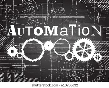 Automation sign and gear wheels technical drawing on blackboard background
