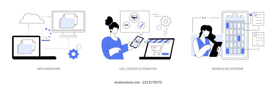 Automation software abstract concept vector illustration set. Data migration, format processing, call center help desk application, scheduling system, automate business process abstract metaphor.