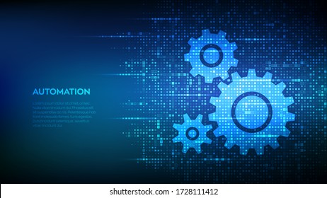 Automation Software background. Gears icons made with binary code. IOT and Automation concept. Digital binary data and streaming digital code. Matrix background with digits 1.0. Vector Illustration.