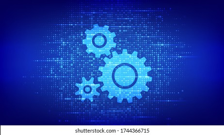 Fondo del software de automatización. Iconos de engranajes hechos con código binario. concepto de IOT y automatización. Datos binarios digitales y código digital de streaming. Fondo de matriz con dígitos 1.0. Ilustración vectorial.