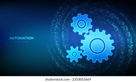 Automation Software background. Gears icons made with binary code. IOT and Automation concept. Virtual tunnel warp made with digital code. Data Flow. Vector Illustration.