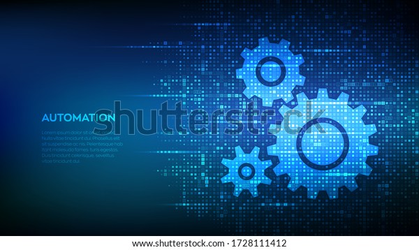 Automation Software background. Gears icons\
made with binary code. IOT and Automation concept. Digital binary\
data and streaming digital code. Matrix background with digits 1.0.\
Vector\
Illustration.