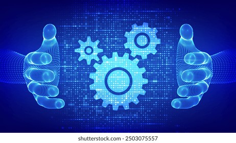 Automation Software concept. IOT, Innovation, productivity in technology and business processes. Gears icons made with binary code in wireframe hands. Digital code background with digits 1.0. Vector.
