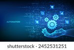 Automation Software. Gears icon made with binary code in hand. IOT and Automation icons connections. Digital binary data and streaming digital code. Background with digits 1.0. Vector Illustration.