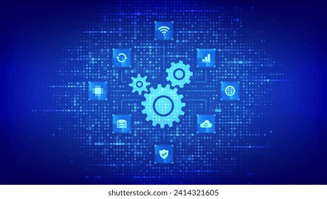 Automation Software. Gears icon made with binary code. IOT and Automation icons connections. Digital binary data and streaming digital code. Matrix background with digits 1.0. Vector Illustration.