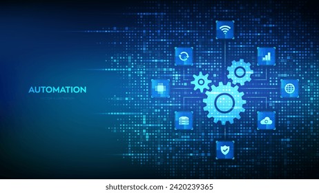 Software de automatización. Icono de engranajes hecho con código binario. Conexiones de iconos de IOT y automatización. Datos binarios digitales y código digital de streaming. Fondo de matriz con dígitos 1.0. Ilustración vectorial.