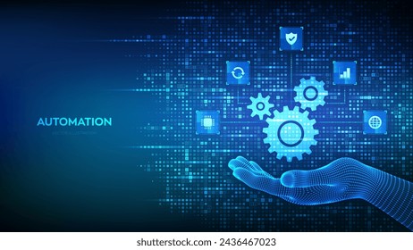 Software de automatización. Icono de engranajes hecho con código binario en la mano. Iconos de IOT y automatización para las conexiones. Datos binarios digitales y streaming de código digital. Fondo con dígitos 1.0. Ilustración vectorial.