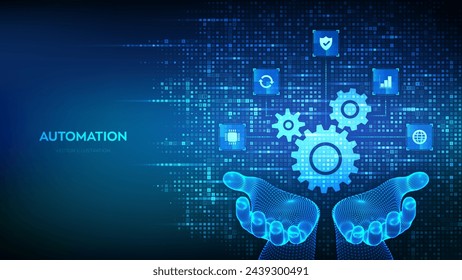 Automation Software. Gears icon made with binary code in hands. IOT and Automation icons connections. Digital binary data and streaming digital code. Background with digits 1.0. Vector Illustration.