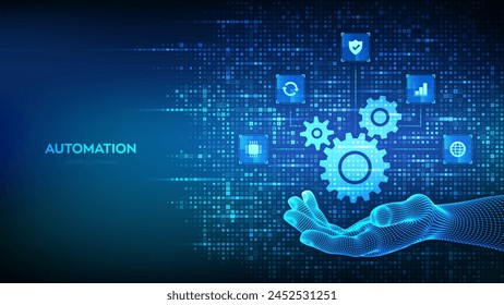 Automatisierungssoftware. Zahnradsymbol mit Binärkode in der Hand. IOT- und Automatisierungssymbole Verbindungen. Digitale binäre Daten und digitaler Streaming-Code. Hintergrund mit Ziffern 1.0. Vektorillustration.