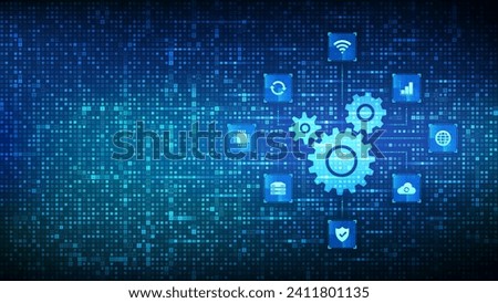 Automation Software. Gears icon made with binary code. IOT and Automation icons connections. Digital binary data and streaming digital code. Matrix background with digits 1.0. Vector Illustration.