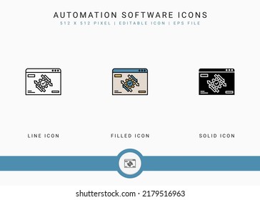 Automation Software Icons Set Vector Illustration With Solid Icon Line Style. Data Center System Concept. Editable Stroke Icon On Isolated Background For Web Design, User Interface, And Mobile App