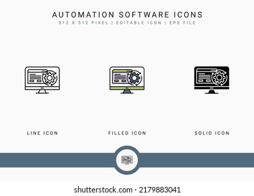 Automation Software Icons Set Vector Illustration With Solid Icon Line Style. Data Center System Concept. Editable Stroke Icon On Isolated Background For Web Design, User Interface, And Mobile App