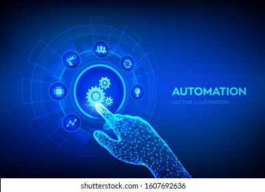 Automation Software. IOT and Automation concept as an innovation, improving productivity in technology and business processes. Robotic hand touching digital interface. Vector illustration.