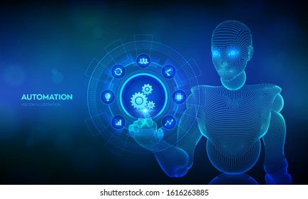 Automation Software. IOT and Automation concept as an innovation, improving productivity in technology and business processes. Wireframed cyborg hand touching digital interface. Vector illustration.