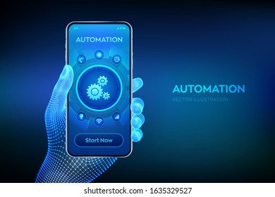 Automation Software. IOT and Automation concept as an innovation, improving productivity in technology and business processes. Closeup smartphone in wireframe hand. Vector illustration.