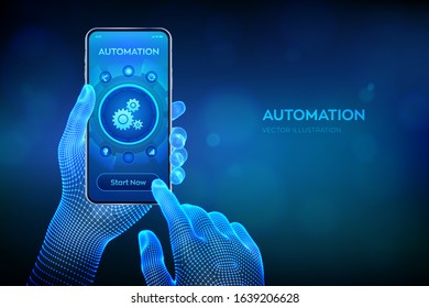 Automation Software. IOT and Automation concept as an innovation, improving productivity in technology and business processes. Closeup smartphone in wireframe hands. Vector illustration.