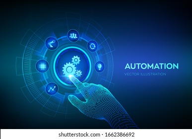 Automation Software. IOT and Automation concept as an innovation, improving productivity in technology and business processes. Robotic hand touching digital interface. Vector illustration.