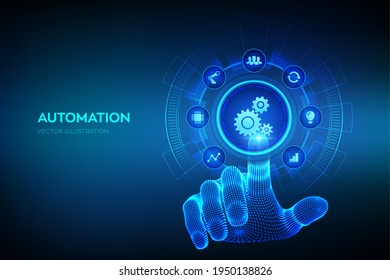 Automation Software. IOT and Automation concept as an innovation, improving productivity in technology and business processes. Wireframe hand touching digital interface. Vector illustration.