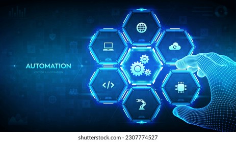 Automation Software. IOT and Automation concept as an innovation, improving productivity in technology. Wireframe hand places an element into a composition visualizing Automation processes. Vector.